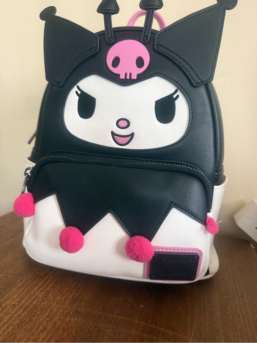 Sanrio Loungefly Black & White Kuromi-Inspired Mini Backpack with Pink Pom Accen